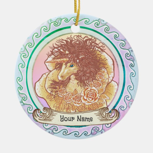 Yellow Lady Unicorn  Ceramic Tree Decoration (Front)