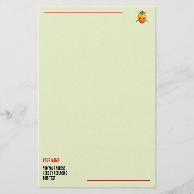 Yellow Ladybug Custom Name and Address Stationery (Front)