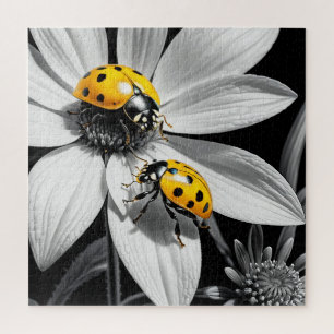 Yellow Ladybugs Beetle On Black White Flower Jigsaw Puzzle