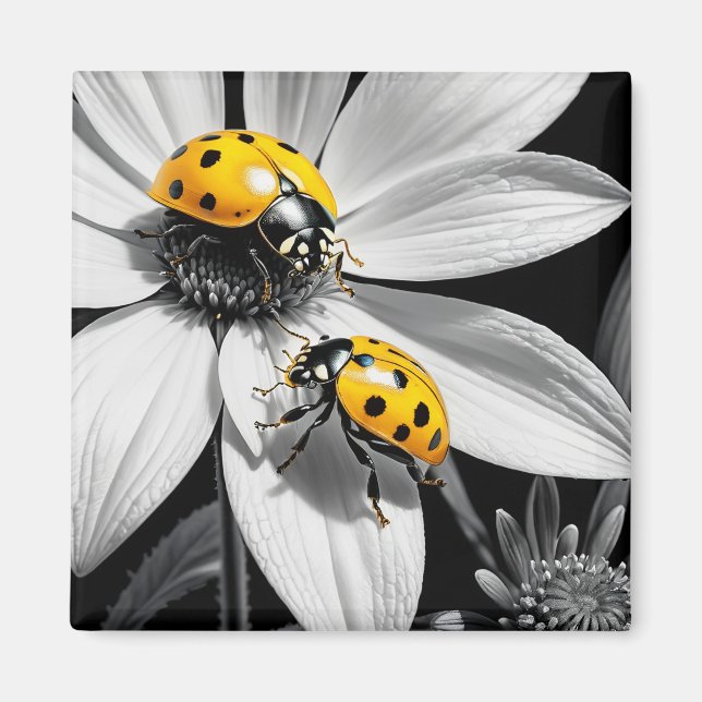 Yellow Ladybugs Beetle On Black White Flower Magnet (Front)