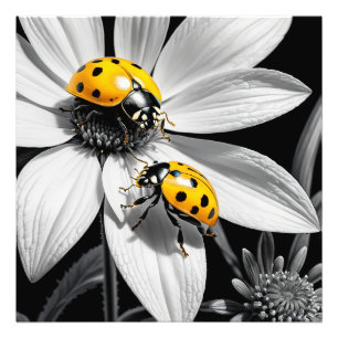 Yellow Ladybugs Beetle On Black White Flower Photo Print