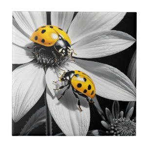 Yellow Ladybugs Beetle On Black White Flower Tile