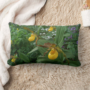 Yellow Lady's Slipper Orchid Flowers In Bloom Lumbar Cushion