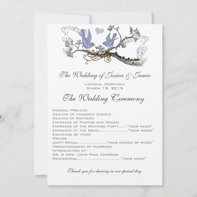 Yellow & Lavender Vintage Lovebird Wedding Program Invitation (Front)