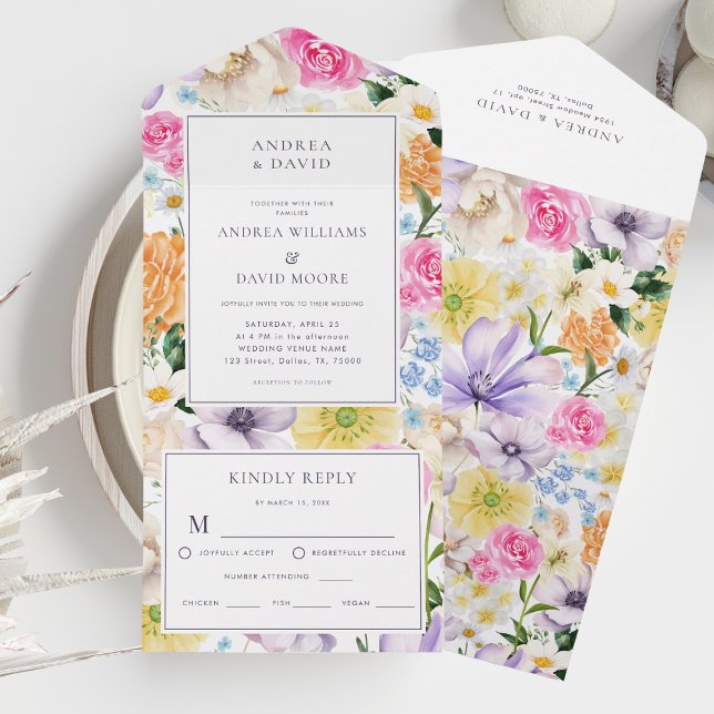 Yellow Lavender Wildflowers Floral Vibrant Wedding All In One Invitation (Creator Uploaded)