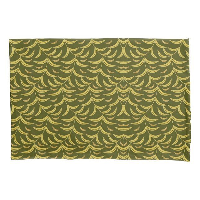 Yellow Leaf Motif Pattern on Dark Green Background Pillowcase (Front-Left)