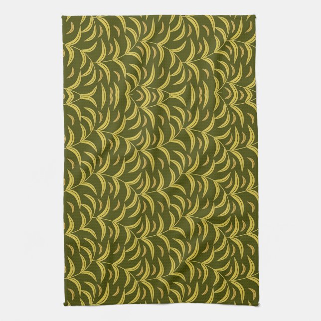Yellow Leaf Motif Pattern on Dark Green Background Tea Towel (Vertical)