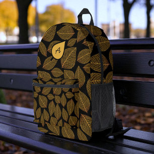 Yellow Leaf Skeleton Pattern Initial Monogram Printed Backpack