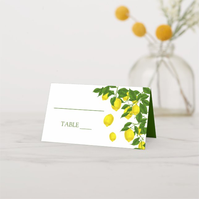 Yellow Lemon And Green Leaves Citrus Wedding Party Place Card (Front)
