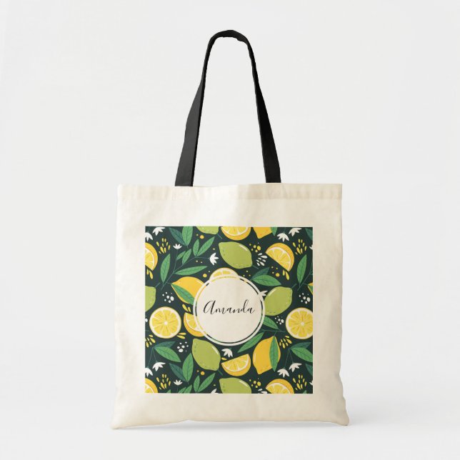 Yellow Lemon and Green Lime Fruit Pattern Tote Bag (Front)