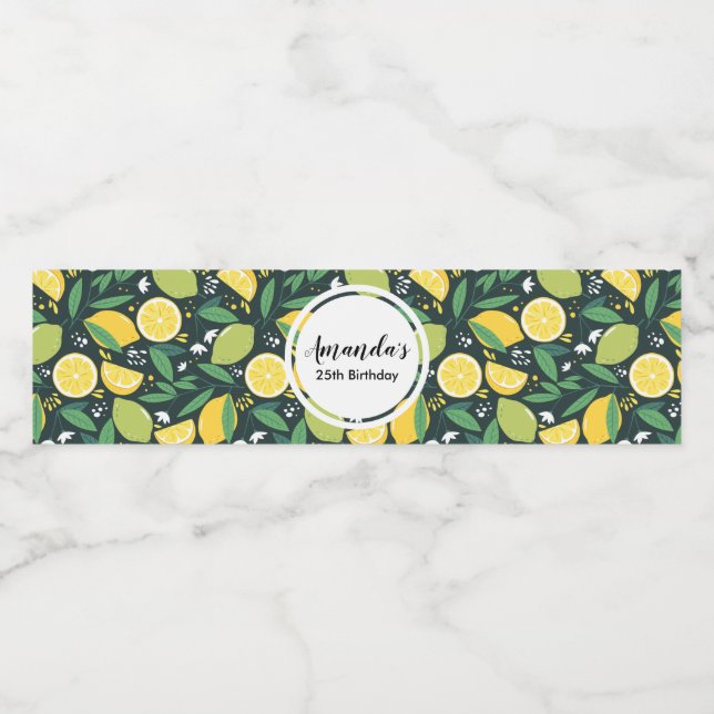 Yellow Lemon and Lime Fruit Food Pattern Birthday Water Bottle Label (Single Label)