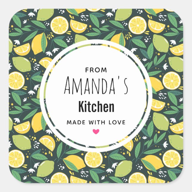 Yellow Lemon and Lime Fruit Pattern Kitchen Square Sticker (Front)