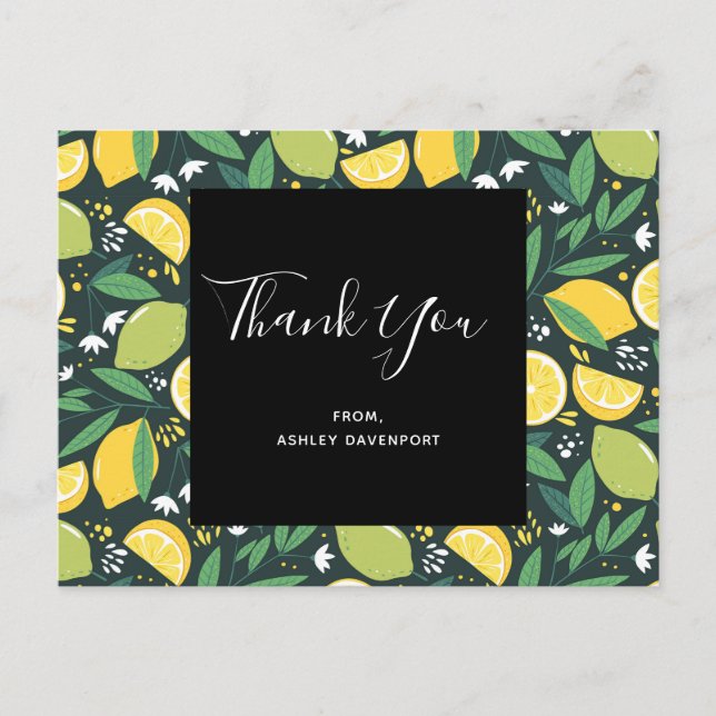 Yellow Lemon and Lime Fruit Pattern Thank You Postcard (Front)