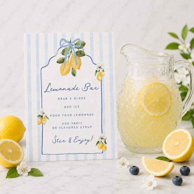 Yellow Lemon Blue Bow Lemonade Bar  Pedestal Sign (Yellow Lemon Blue Bow Lemonade Bar Pedestal Sign)