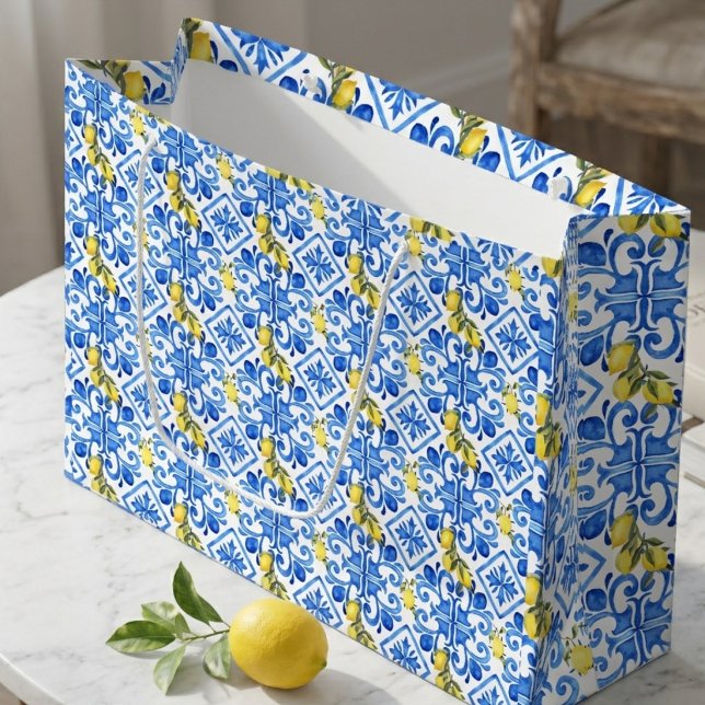 Yellow Lemon Blue Tile  Large Gift Bag (Creator Uploaded)