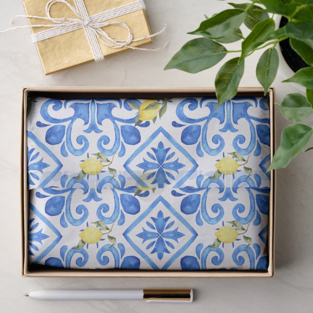 Yellow Lemon Blue Tile  Tissue Paper (Gift)