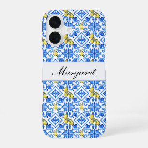 Yellow Lemon Blue Tile Watercolor Monogram Name iPhone 16 Case