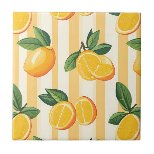 Yellow Lemon Botanical Print on Cream Stripes Tile
