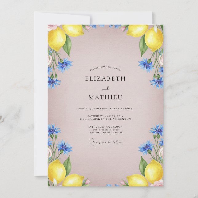 Yellow Lemon Citrus Eucalyptus Wedding Invitation (Front)