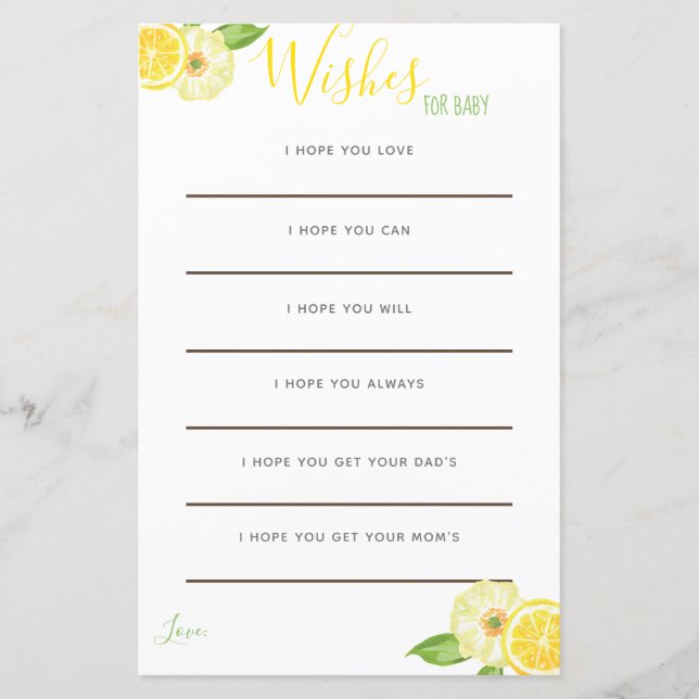 Yellow Lemon Citrus Floral Baby Wishes Cards (Front)