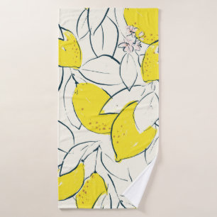 Yellow lemon citrus fruit hand drawn illustration bath towel