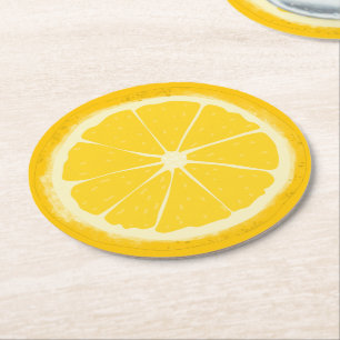 Yellow lemon citrus fruit slice  round paper coaster