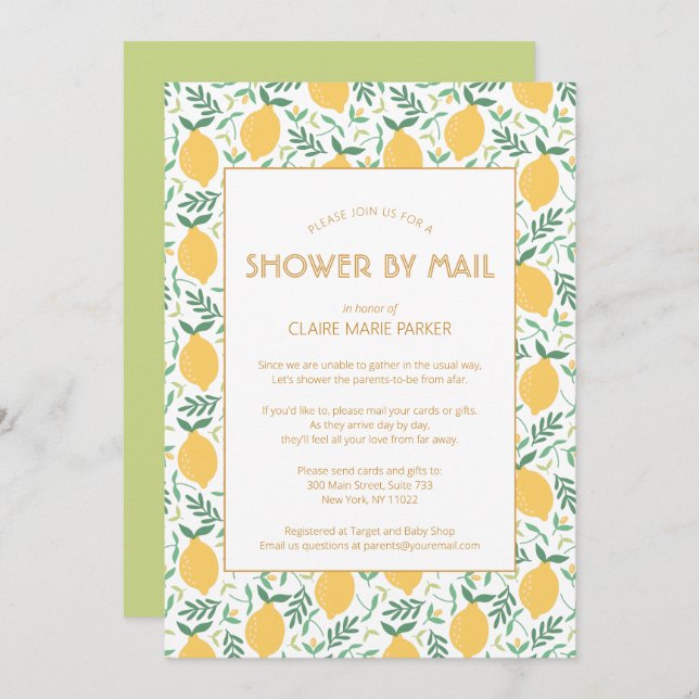 Yellow Lemon Citrus Greenery Baby Shower by Mail   Invitation (Front/Back)