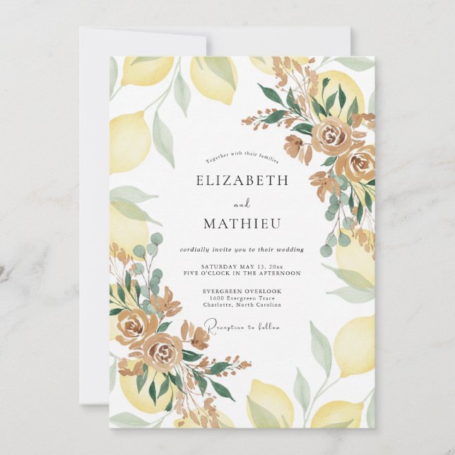 Yellow Lemon Citrus Grey Eucalyptus Wedding Invitation (Front)