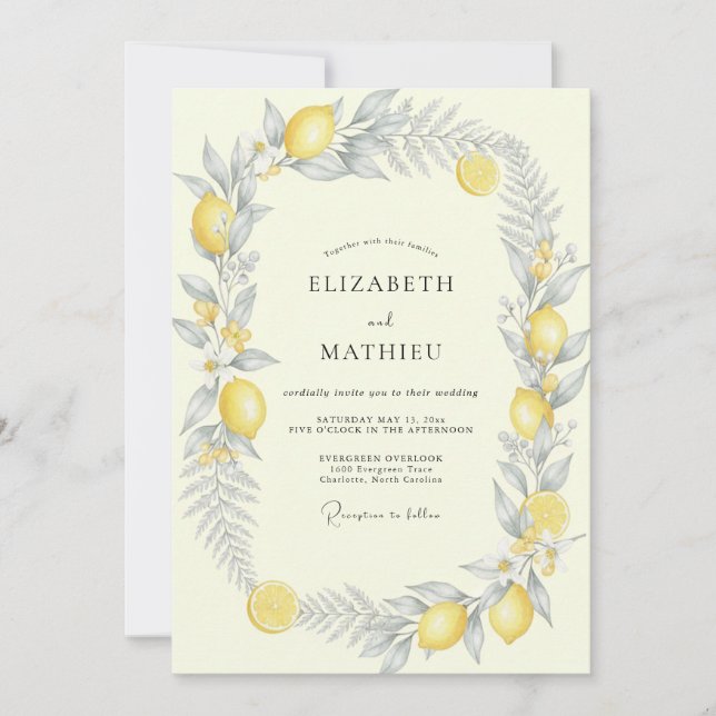 Yellow Lemon Citrus Muted Eucalyptus Wedding Invitation (Front)