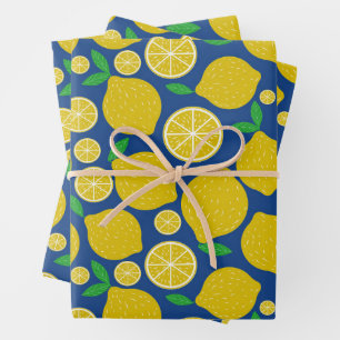 Yellow Lemon Citrus Pattern on Blue  Wrapping Paper Sheet