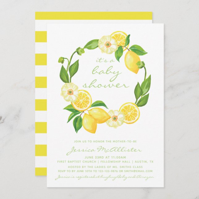 Yellow Lemon Citrus Stripes Unisex Baby Shower Invitation (Front/Back)