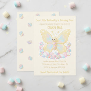Yellow Lemon Cream Butterfly Kids Birthday Invitation