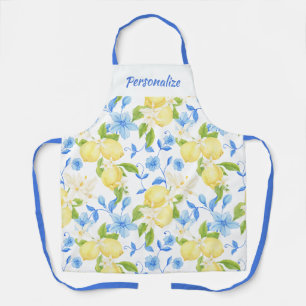 Yellow Lemon Fruit Blue Floral Personalised Design Apron