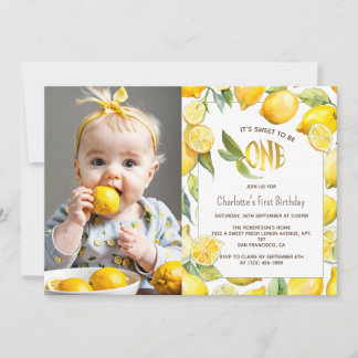 Yellow Lemon Fruit Citrus First 1st Birthday Photo Invitation