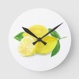 Yellow Lemon Fruit Watercolor Summer Citrus  Round Clock