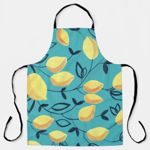 Yellow lemon gouache pattern on turquoise. apron