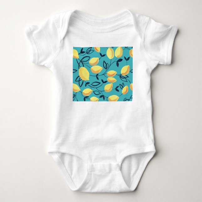 Yellow lemon gouache pattern on turquoise. baby bodysuit (Front)