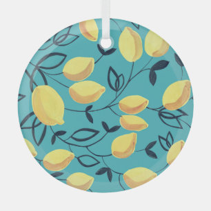 Yellow lemon gouache pattern on turquoise. glass tree decoration
