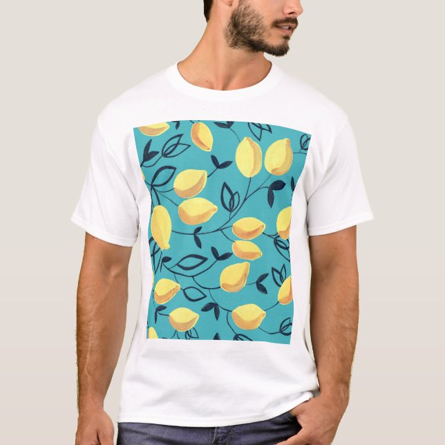 Yellow lemon gouache pattern on turquoise. T-Shirt (Front)