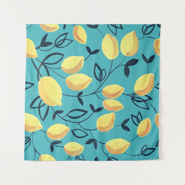 Yellow lemon gouache pattern on turquoise. tapestry (Front)