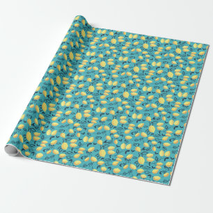 Yellow lemon gouache pattern on turquoise. wrapping paper