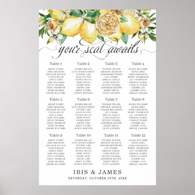 Yellow Lemon Greenery Floral Wedding Seating Chart (Front)