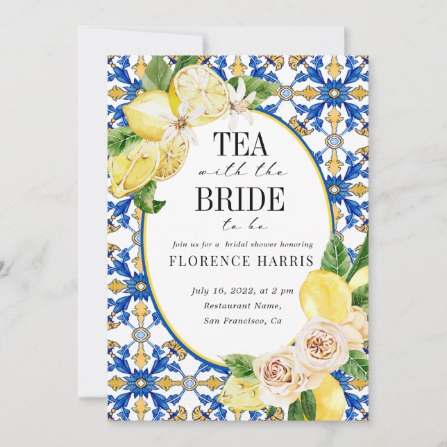 Yellow Lemon Mediterranean Tea Party Bridal Shower Invitation (Front)
