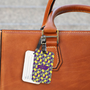 Yellow lemon pattern name purple Luggage Tag