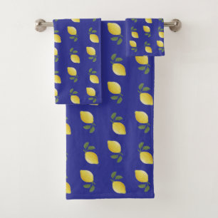 Yellow Lemon Pattern on Blue Lapis Lazuli Bath Towel Set