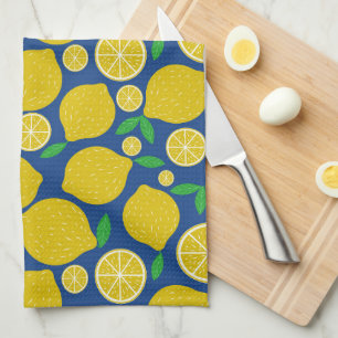 Yellow Lemon  Pattern on Blue  Tea Towel