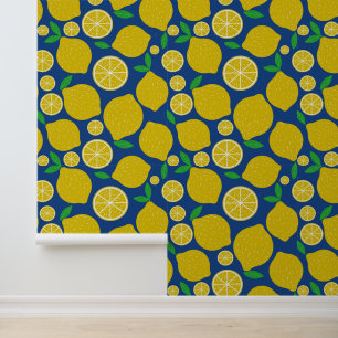 Yellow Lemon Pattern on Blue Wallpaper