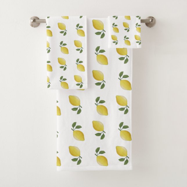 Yellow Lemon Pattern on White Bath Towel Set (Insitu)