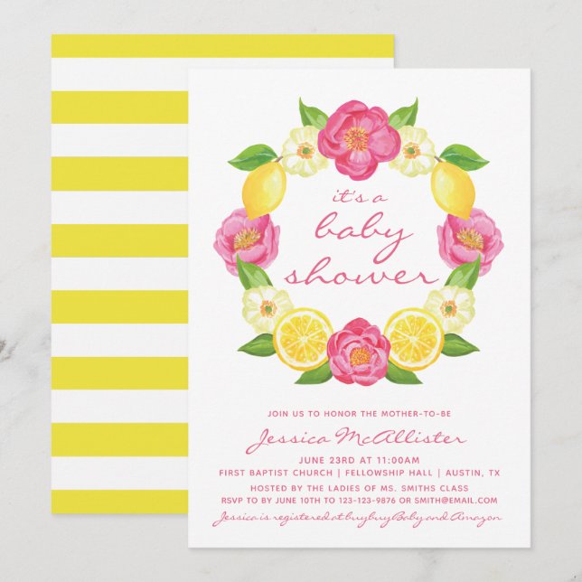 Yellow Lemon Pink Roses Stripes Girl Baby Shower Invitation (Front/Back)