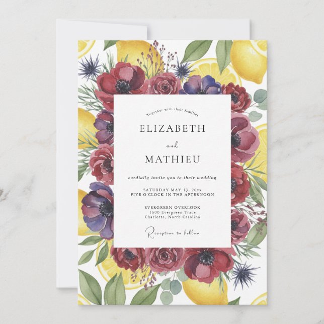 Yellow Lemon Poppy Wedding Invitation (Front)